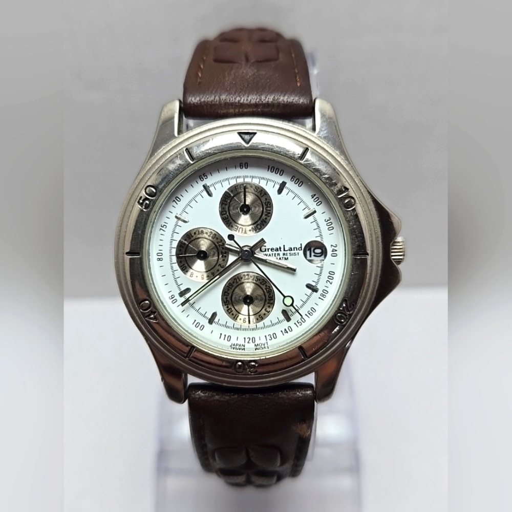 Great Land Mens Quartz Multi Dial Watch Date Brown Leather Strap New Battery